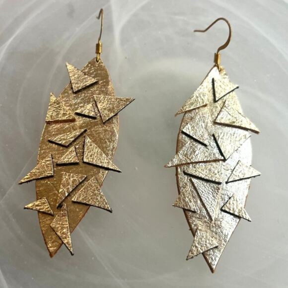 Artisan Handmade Gold Metallic Leather Geometric Earrings - Picture 1 of 10